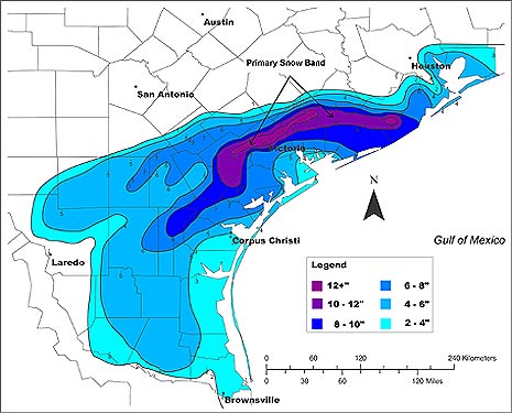 24-25 December 2004 Texas Gulf Coast snowfall analysis, from Morales 2007.