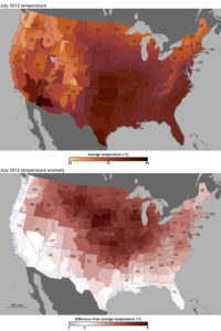 July 2012 U.S. average temperatures (top) and difference from average temperature (bottom) in °F.