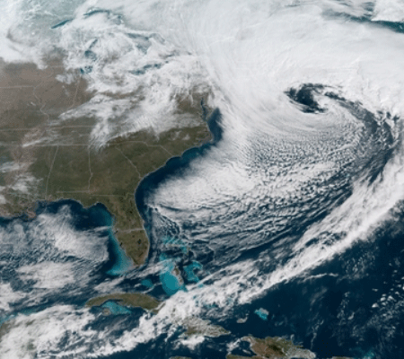 GOES-16 GeoColor image of the March 13, 2018 blizzard wrapping up off the New England coast. Image from 10:47 a.m. EDT. Click here for a loop of the storm.