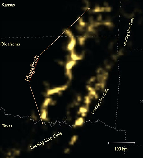 Time integrated GLM radiances over 7.18s beginning at 0513:27.433 UTC on 22 October 2017. Two distinct electrical regimes are evident. The first is the cluster of smaller flashes in the leading line of convective cells stretching from eastern Oklahoma and then southwest into north Texas. The second regime is an extensive horizontal flash propagating from near the Red River in Texas across central Oklahoma into southeastern Kansas.