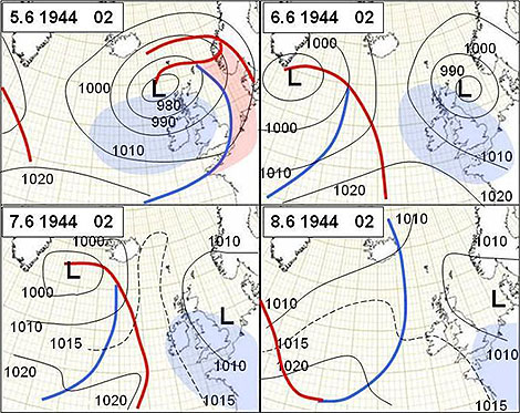 Synoptic analyses at 00 UTC from 5 to 8 June 1944. The low that was supposed to move northeast to southern Norway remained over the North Sea for some days. On 6 and 8 June the observed winds in the Channel were force 4 and occasionally force 5.
