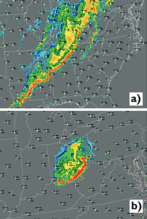 Two very different derechos: Base reflectivity composite radar data for (a) 2056 UTC 4 Apr 2011 and (b) 2234 UTC 29 Jun 2012, with surface observations plotted using conventional station plot format. Convective system in (a) is composed of a series of loosely connected, largely linear bands with low-amplitude LEWPs, whereas that in (b) consists of a single, intense arc of storms with a well-defined bow echo. Animated radar and satellite imagery for these events may be viewed at http://spc.noaa.gov/misc/AbtDerechos/casepages/apr042011page.htm and http://spc.noaa.gov/misc/AbtDerechos/casepages/jun292012page.htm.