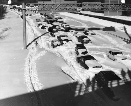 Cars and trucks stuck in snow on Route 128 near Needham, Massachusetts, following teh Blizzard of '78.