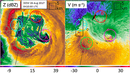 Fine-scale Doppler On Wheels (DOW) radar imagery collected from inside the eyewall of Hurricane Harvey (Left: radar reflectivity, Right: Doppler velocity). The ring of convection comprising the eyewall is highly perturbed by four MVs (labeled A-D). From inside the eye, the wind perturbations caused by the MVs are especially visible. DOW location is yellow dot. Black rectangle is zoomed-in area shown in separate figure illustrating tornado-scale vortices.