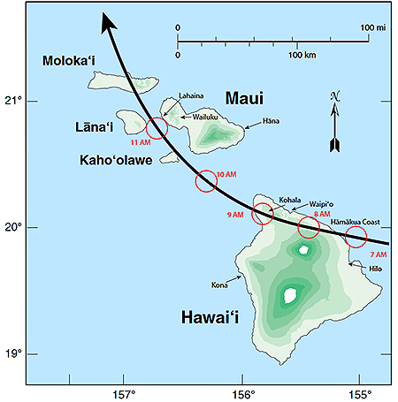 Map showing the reconstructed track of the Hawaii hurricane across the eastern islands of Hawaii and Maui on 9 Aug 1871. Labeled red circles indicate the approximate time and location of the core of the storm. Green shading shows terrain altitude every 2,000 ft (610 m).