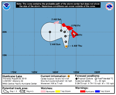 Three-day track forecast for Hurricane Lane's approach to Hawaii.