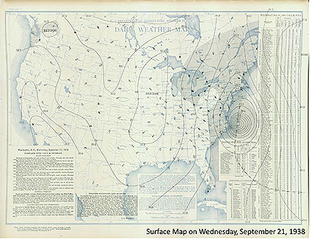 U.S. Weather Bureau surface weather map for 7:30 a.m. ET Wednesday, September 21, 1938.