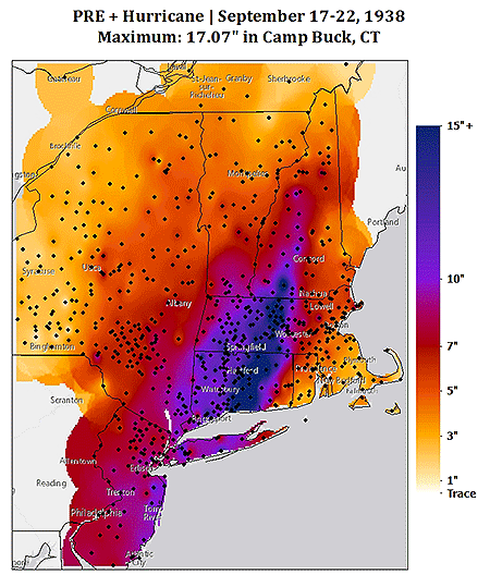 Precipitation observed during the Great New England Hurricane and its predecessor rain event. (U.S. Geological Survey)