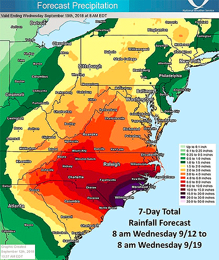 NWS prediction of rainfall from Hurricane Florence over the next week.