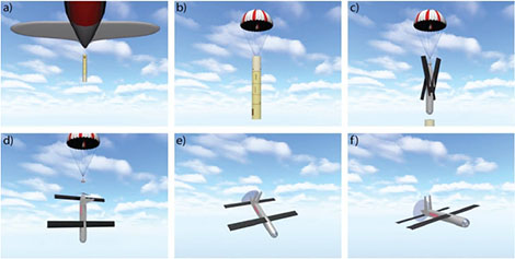 Coyote launch sequence: (a) Release in a sonobuoy canister from a NOAA P-3. (b) A parachute slows descent. (c) The canister falls away and the Coyote wings and stabilizers deploy. The main wings and vertical stabilizers have no control surfaces; rather, elevons (i.e., combined elevator and aileron) are on the rear wings, controlled by the GPS-guided Piccolo autopilot system with internal accelerometers and gyros. (d) After the Coyote is in an operational configuration, the parachute releases. (e) The Coyote levels out after starting the electric pusher motor, which leaves minimally disturbed air for sampling at the nose. The cruising airspeed is 28 m s-1. (f) The Coyote attains level flight and begins operations. When deployed, the Coyote’s wingspan is 1.5 m and its length is 0.9 m. The 6-kg sUAS can carry up to 1.8 kg. Images were captured from a video courtesy of Raytheon Corporation.