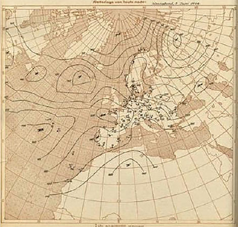 The German's European-Atlantic map at 00 UTC June 6, 1944, where the analysis over the North Atlantic appears not to be based on observations but intercepted American coded analyses.