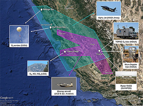 The CABOTS study domain and measurement platforms ranged from daily ozonesondes launched at the two coastal sites (Bodega Bay and Half Moon Bay) to the NOAA TOPAZ lidar in Visalia. The green and purple polygons represent the approximate domains surveyed by the NASA Alpha jet and Scientific Aviation, Inc., Mooney air-craft, respectively.