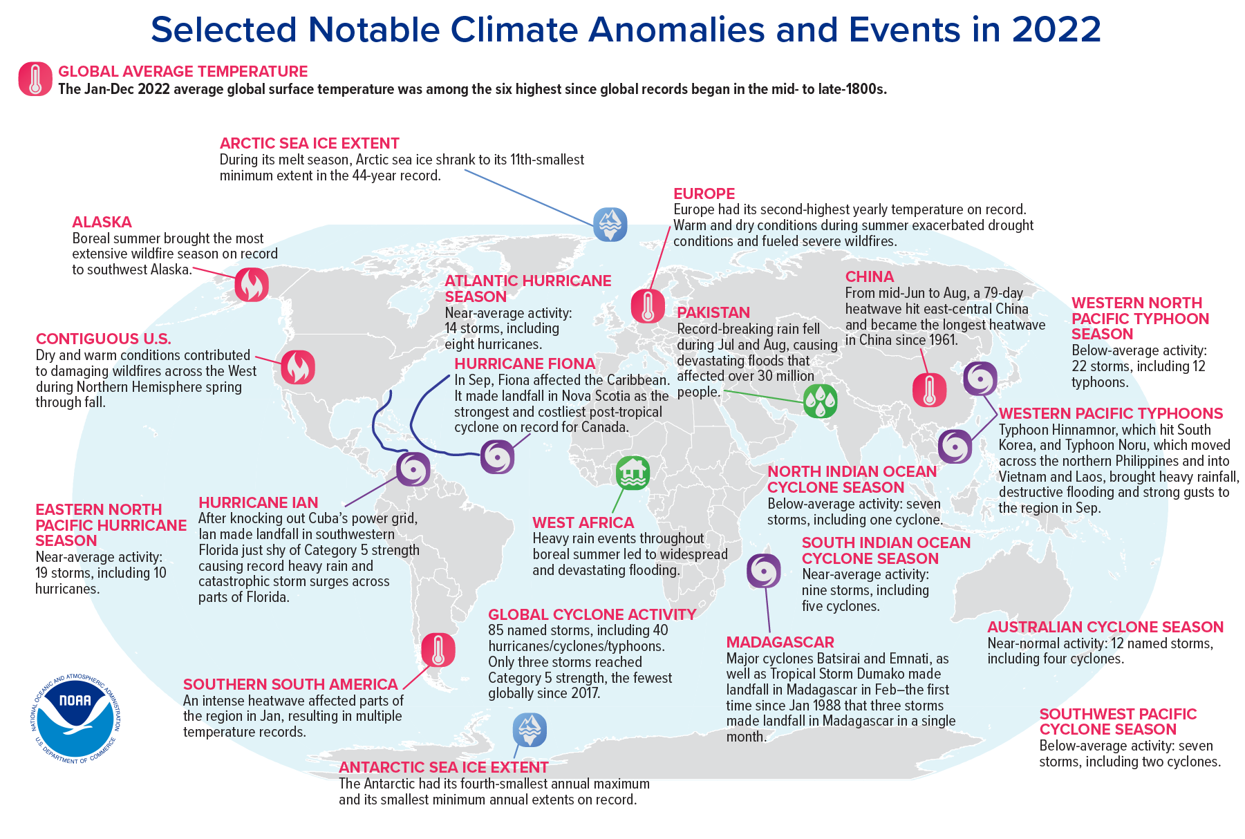 Map of significant global weather and climate anomalies and events of 2022.