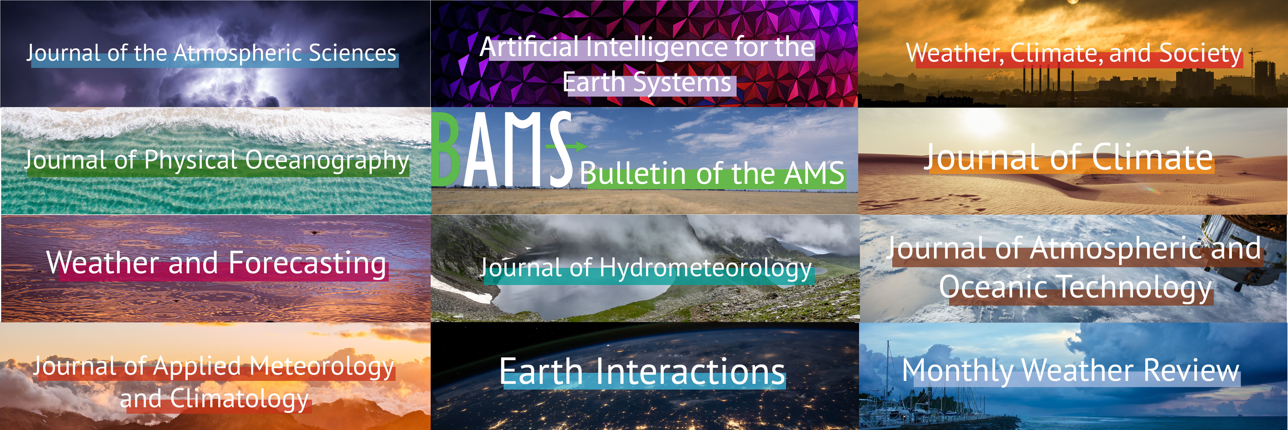 Banners of 12 AMS journals laid out in a grid