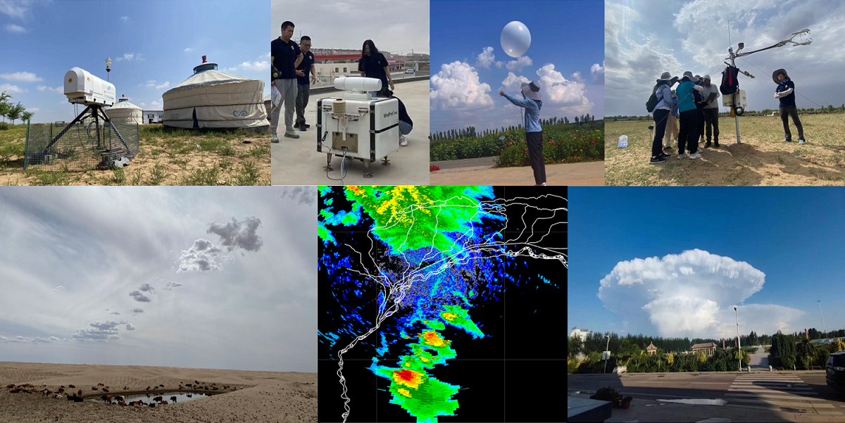 Images from the DECODE project. Clockwise from top left: Microwave radiometer, wind LIDAR, researcher launching rawinsonde, eddy flux observation system, clouds forming at the boundary line, radar image of convective cells initiating along the boundary, photo of supercell storm growing from the boundary line. Photos courtesy of DECODE team.