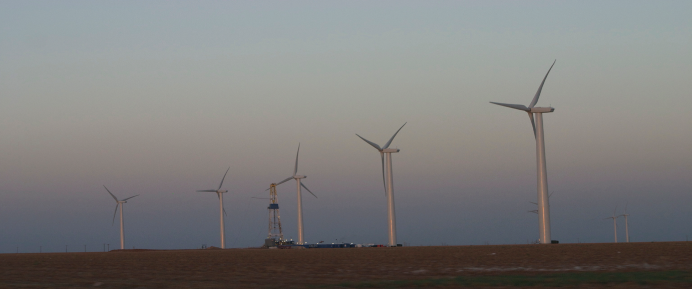 A line of wind turbines
